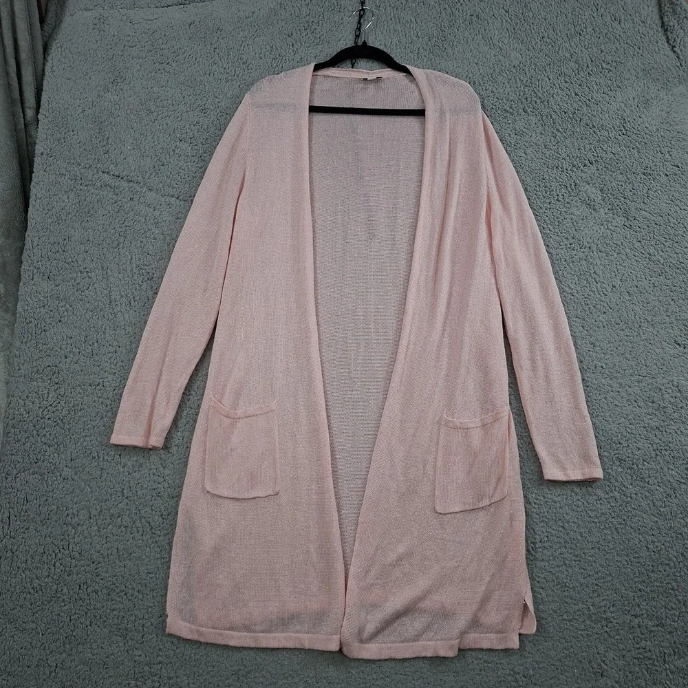 J. Jill Cardigan Womens L Pink Open Front Long Sleeve Knit Pockets Linen Blend‎